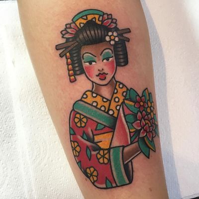 Tattoo by Alice SB #AliceSb #color #traditional #newschool #neotraditional #mashup #bold #bright #geisha #flowers #floral #lady #portrait #Japanese
