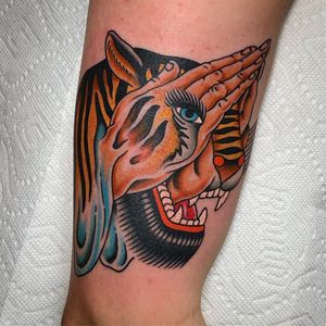 Tattoo by Josh Snyder #JoshSnyder #color #traditional #oldschool #jesuschrist #hands #clappers #tiger #cat #mashup #tipping #tipyourartist #tippingmakesithurtless #tippingisappreciated