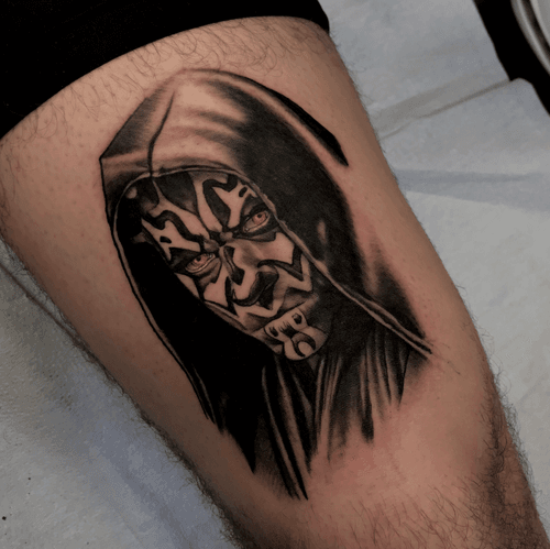 Darth Maul. Looking to so more black and gray portraits of pop culture characters. For appointments and questions please email joshua@pandabinge.com #darthmaultattoo #DarthMaul #maul #starwars #starwarstattoo #tattoo #blackandgray #portrait #blackandgrayportrait 