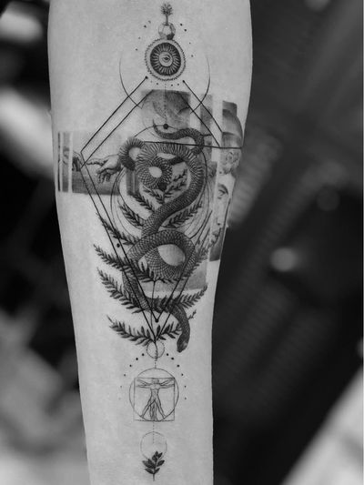 Tattoo by Ali Anil Ercel #AliAnilErcel #illustrative #snake #leaves #blackandgrey #sacredgeometry #geometric #tipping #tipyourartist #tippingmakesithurtless #tippingisappreciated