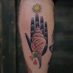 Tattoo by Andrei Vintikov #AndreiVintikov #hand #shell #conch #heart #sun #buddhism #buddha #tipping #tipyourartist #tippingmakesithurtless #tippingisappreciated