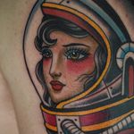 Tattoo by Big Matt #BigMatt #color #traditional #ladyhead #lady #oldschool #astronaut #space #tipping #tipyourartist #tippingmakesithurtless #tippingisappreciated