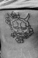#OniMask tattoo I did awhile back #oni #onidemon #cherryblossom #outline #outlinetattoo #houston 
