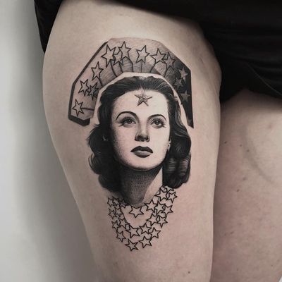 Tattoo by Patryk Chybowski #patrykchybowski #HedyLamarr #portrait #film #classicfilm #hollywood #ladyhead #star #stars #lady #actress #tipping #tipyourartist #tippingmakesithurtless #tippingisappreciated
