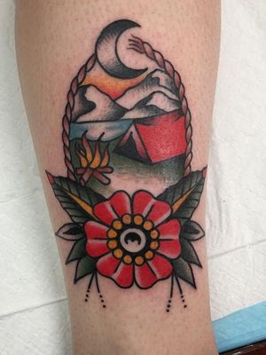 Tattoo by Shane Castle #ShaneCastle #traditional #oldschool #flower #camping #fire #moon #tent #campfire #tipping #tipyourartist #tippingmakesithurtless #tippingisappreciated