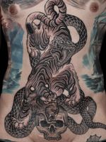 Tattoo by Valerie Vargas #ValerieVargas #snaketattoo #snake #reptile #animal #nature #blackandgrey #traditional #Japanese #mashup #skull #tiger #Junglecat #cat #death