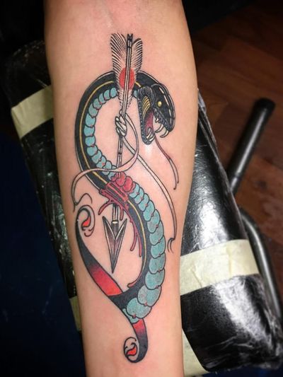 Tattoo by Paul Sand #PaulSand #snaketattoo #snake #reptile #animal #nature #arrow #blood #neotraditional #color