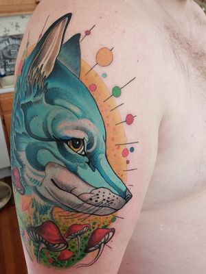 Blue fox, psychedelic,  mushrooms, orbs, neotraditional 