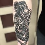 Tattoo by Tim Hendricks #TimHendricks #snaketattoo #snake #reptile #animal #nature #cobra #traditional #blackandgrey #rose #flower #floral