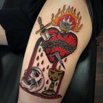 Tattoo by Kathryn Ursula #KathrynUrsula #Londontattoo #London #Londontattooartist #londontattoostudio #UK #color #traditional #skull #goblet #cup #heart #sacredheart #crownofthorns #sword #fire #eye #surreal