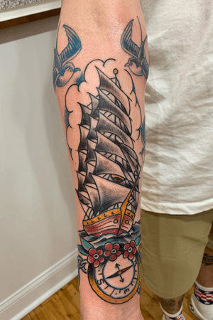 Traditional Ship, Compass, and Swallows done in Kansas City, MIssouri. 