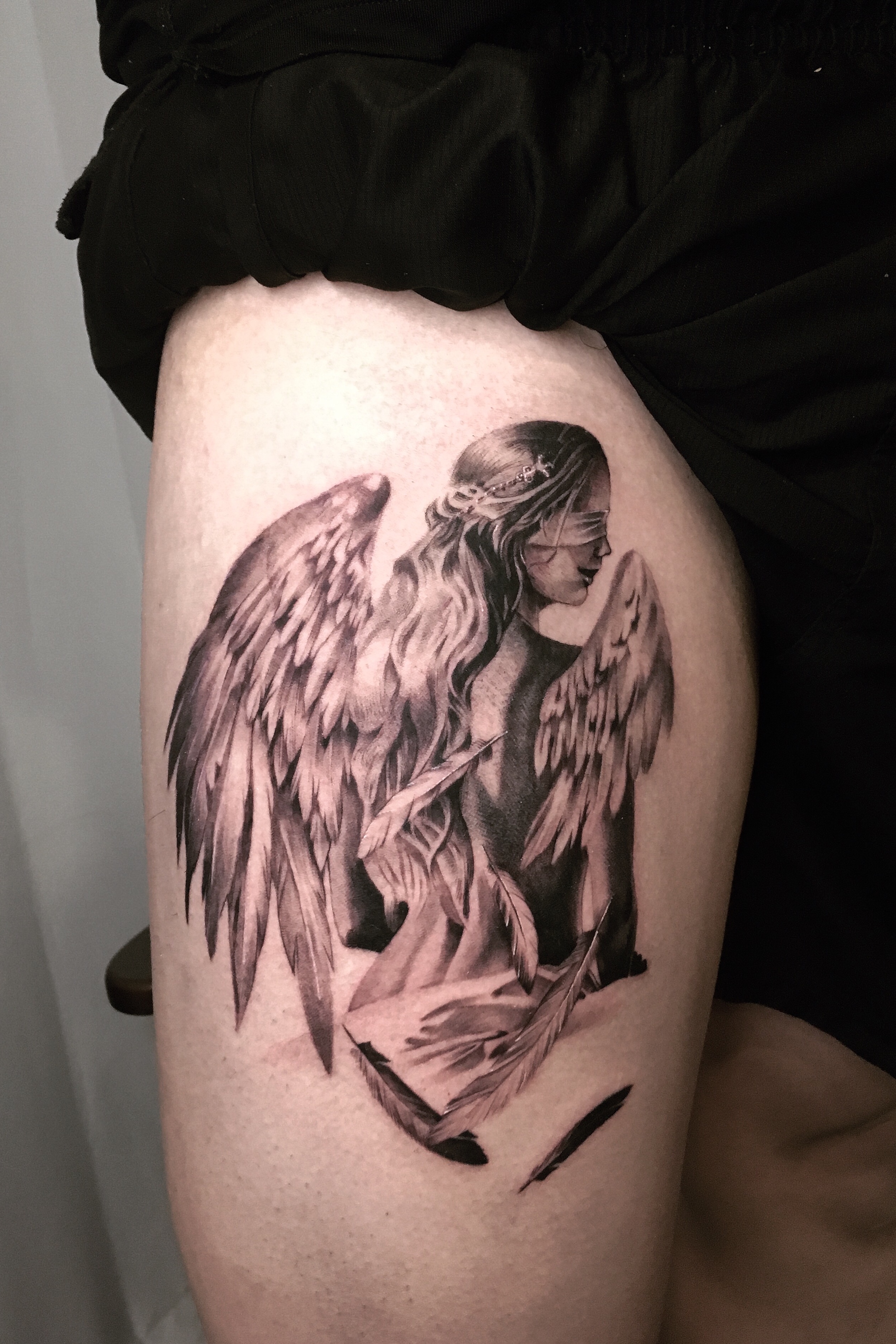 bhalltattooangelcherubblackandgreyblackgrayhandrealism