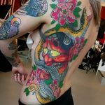 Tattoo by Elliott J Wells #ElliottJWells #snaketattoo #snake #reptile #animal #nature #Hannya #Japanese #NeoJapanese #mask #peony #flower #floral