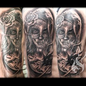 Catrina with pocketwatch, a little cover up on the black explosion. #catrina #pocketwatch #realism #black and grey