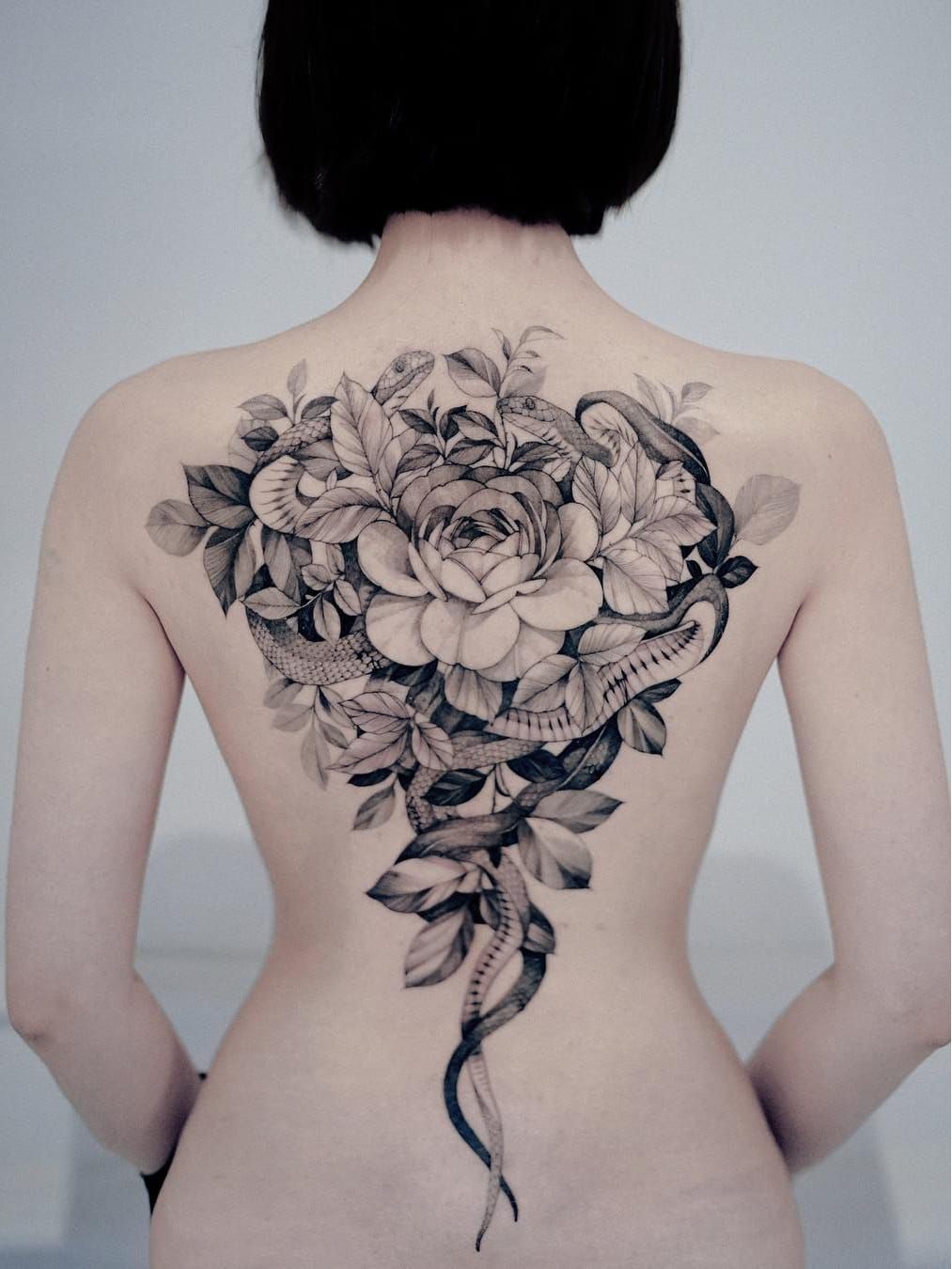 Full Back Tattoo for Women with Flowers | Remington Tattoo Parlor