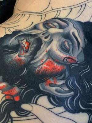 Tattoo by Valerie Vargas #ValerieVargas #Londontattoo #London #Londontattooartist #londontattoostudio #UK #death #blood #traditional #japanese #neojapanese #neotraditional #mashup #portrait #namakubi