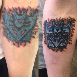 Before and after fixer upper/coverup. #decepticons #transformers #coverup #coveruptattoo #ohioink 