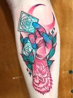 Tattoo by Anthony Lennox #AnthonyLennox #Londontattoo #London #Londontattooartist #londontattoostudio #UK #color #neotraditional #wolf #hand #sacredgeometry #geometric #moon