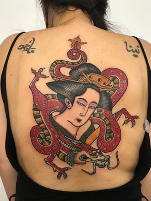 Tattoo by Alfredo Guarracino aka Al Boy #AlfredoGuarracino #Londontattoo #London #Londontattooartist #londontattoostudio #UK #dragon #geisha #neojapanese #folkart