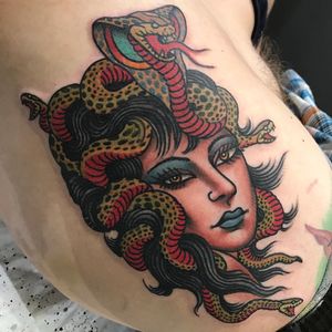 Tattoo by Todd Noble #ToddNoble #snaketattoo #snake #reptile #animal #nature #lady #Ladyhead #medusa #traditional #color #cobra