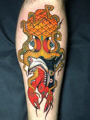 Tattoo by Deno #Deno #Londontattoo #London #Londontattooartist #londontattoostudio #UK #traditional #illustrative #octopus #shark #lobster #oceanlife #ocean