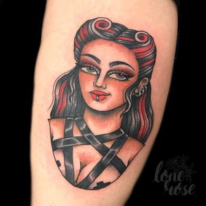 Tattoo by Harriet Rose Heath #HarrietRoseHeath #Londontattoo #London #Londontattooartist #londontattoostudio #UK #lady #ladyhead #traditional #color