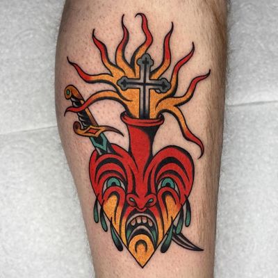 Tattoo by Luke Jinks #LukeJinks #Londontattoo #London #Londontattooartist #londontattoostudio #UK #color #traditional #heart #sacredheart #fire #sword #tears #cross #cryingheart