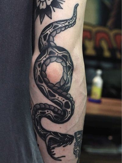 Tattoo by Mick Gore #MickGore #snaketattoo #snake #reptile #animal #nature #blackandgrey #traditional #elbow