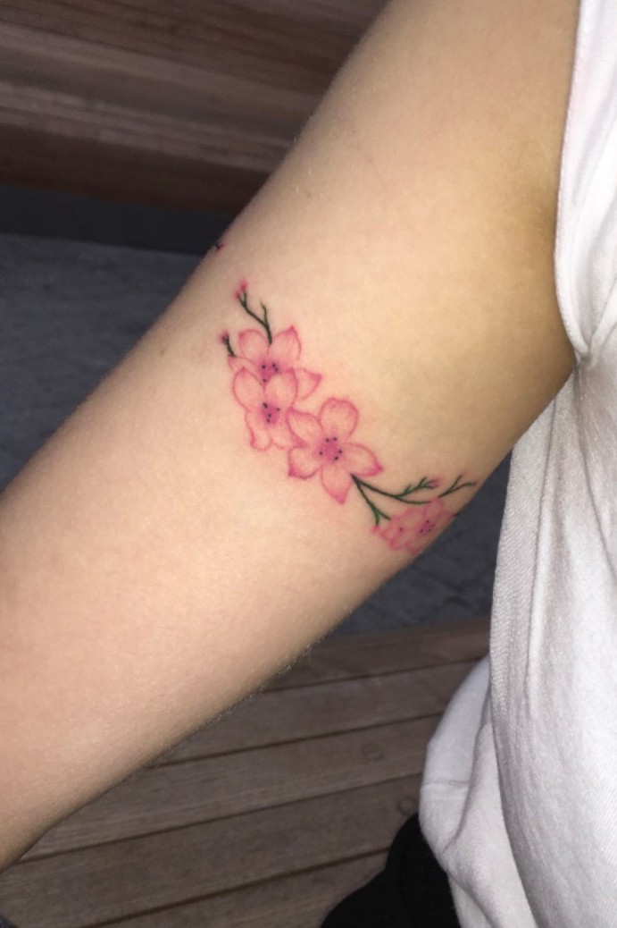 Watercolor Colorful Forearm Pink Delicate Pink Cherry Blossom Tattoo Ideas  for Women  colorful cherry  Blossom tattoo Cherry blossom tattoo Pink  flower tattoos