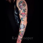 Tattoo by Karl Cooper #KarlCooper #Londontattoo #London #Londontattooartist #londontattoostudio #UK #color #tradtional #heart #cat #bird #eye #sparrow #cobra #skull