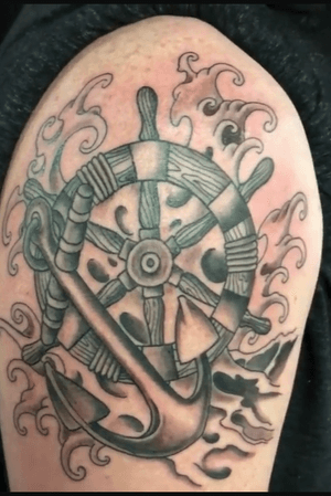 Anchor Helm and Waves. #blackandgray #nautical #anchor #helm #wavestattoo 