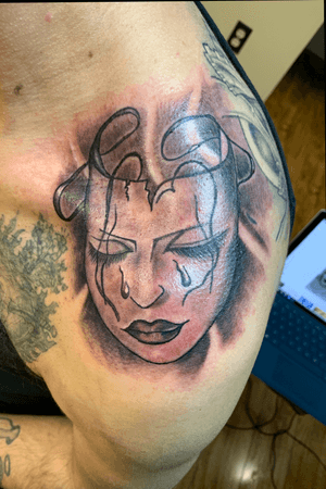 BLACK AND GREY MASK CRYING TATTOO 