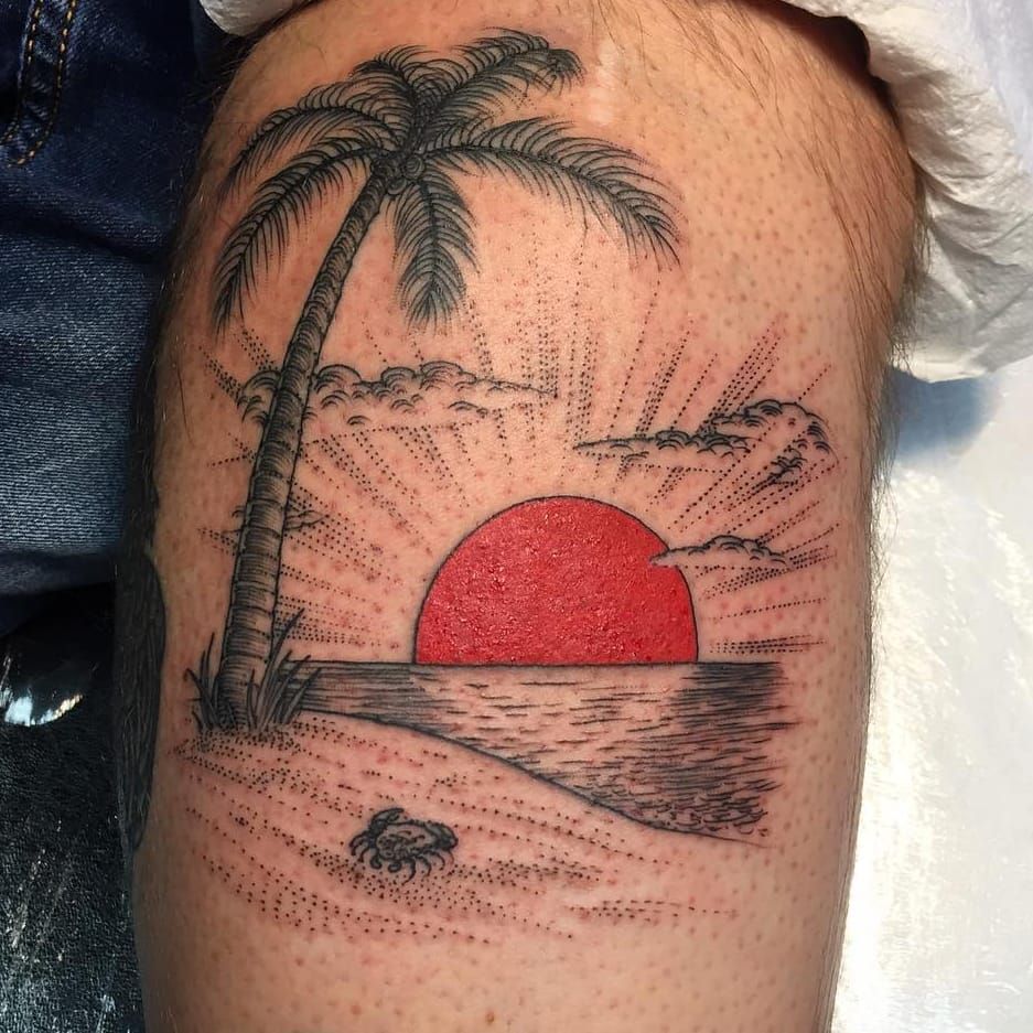 Tattoo uploaded by Tattoodo • Tattoo by Craig Ridley #CraigRidley #treetattoos #trees #tree #nature #wood #outdoors #land #earth #palmtree #sun #beach #crab #illustrative • Tattoodo