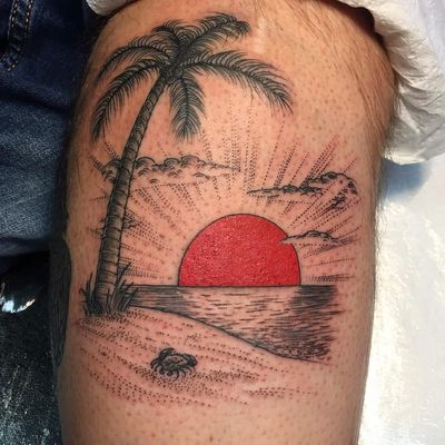 Tattoo by Craig Ridley #CraigRidley #treetattoos #trees #tree #nature #wood #outdoors #land #earth #palmtree #sun #beach #crab #illustrative
