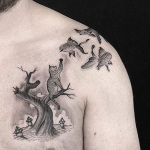 Tattoo by Sven Rayen #SvenRayen #treetattoos #trees #tree #nature #wood #outdoors #land #earth #illustrative #mushroom #cat #kitty #goldfish #fish #surreal