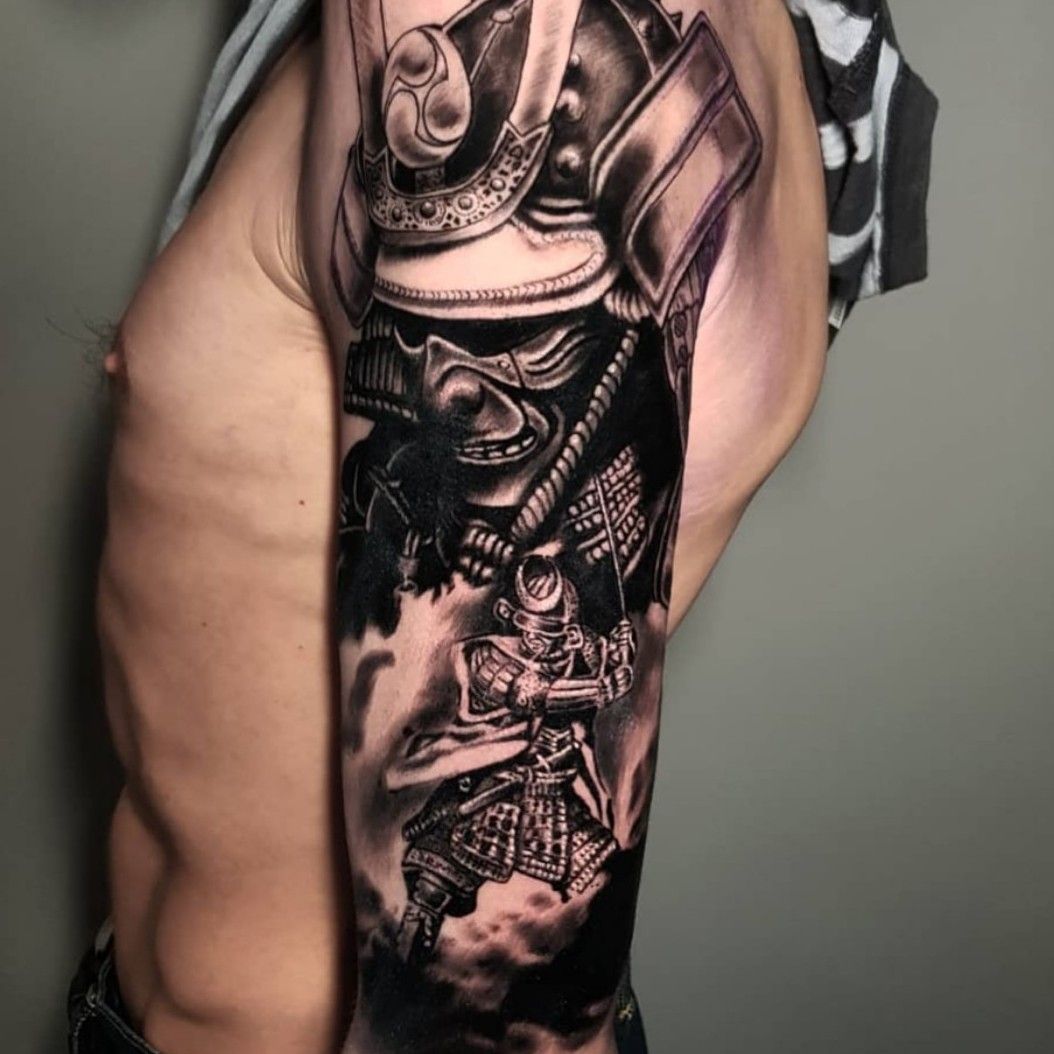 Black and Grey Realism Japanese Themed Sleeve Tattoo  Love n Hate