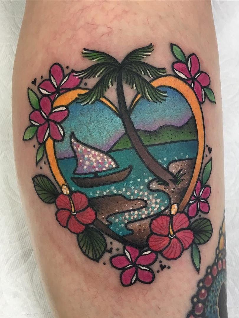 Traditional Beach View In Horse Shoe Tattoo Design By Chris Hold