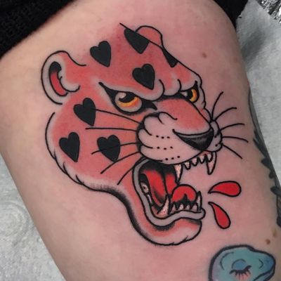 Tattoo by Gem Carter #GemCarter #besttattoos #tattoodoapp #appspotlight #spotlight #best #awesome #cool #color #traditional #panther #pinkpanther #hearts #love
