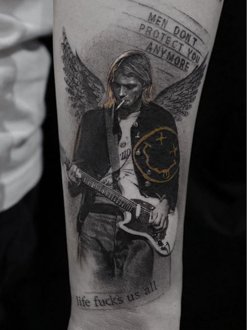 Tattoo by Coldgray #Coldgray #besttattoos #tattoodoapp #appspotlight #spotlight #best #awesome #cool #realism #realistic #hyperrealism #Nirvana #KurtCobain #guiter #smileyface #wings #text