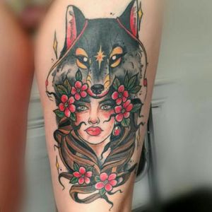 2nd tattooDone at le sale quart dheure by emily#neotraditional #neotraditionaltattoo #france #wolf #girl #flowers