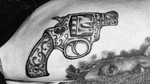 Mexican pistol tattoo #gun #mexican #blackandgray #blackwork #legtattoo #pistol 