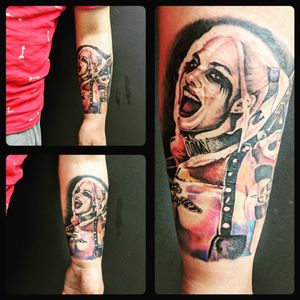 Freshly inked harley quinn tattoo. Inked by the very talented @fredislaw for more info and to schedule appointment please PM us or call 09-7421677 #colortattoo #color #harleyquinn #realismtattoo #realism #koitattooil #instagood #armtattoo