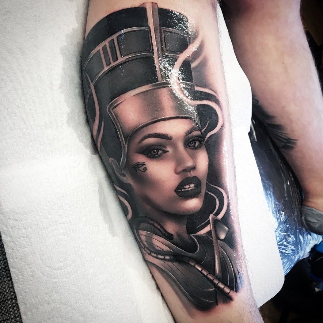 Tattoo uploaded by Sam ODonohoe  Start of my Egyptian leg sleeve with a  portrait of queen nefititi  Tattoodo
