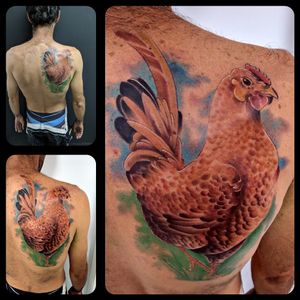 Now that is one good looking chicken! Done in one session. Inked by the very talented @jf.tattoo for more info and to schedule appointment please PM us or call 09-7421677 #chicken #colortattoo #color #realismtattoo #realism #back #koitattooil #tattooideas #tatts #guestspot #freshtattoos