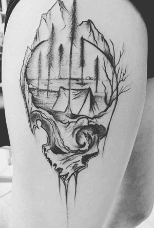 Artwork Not by Me cwhat the client wants the client gets. #skulltattoo #mountains 