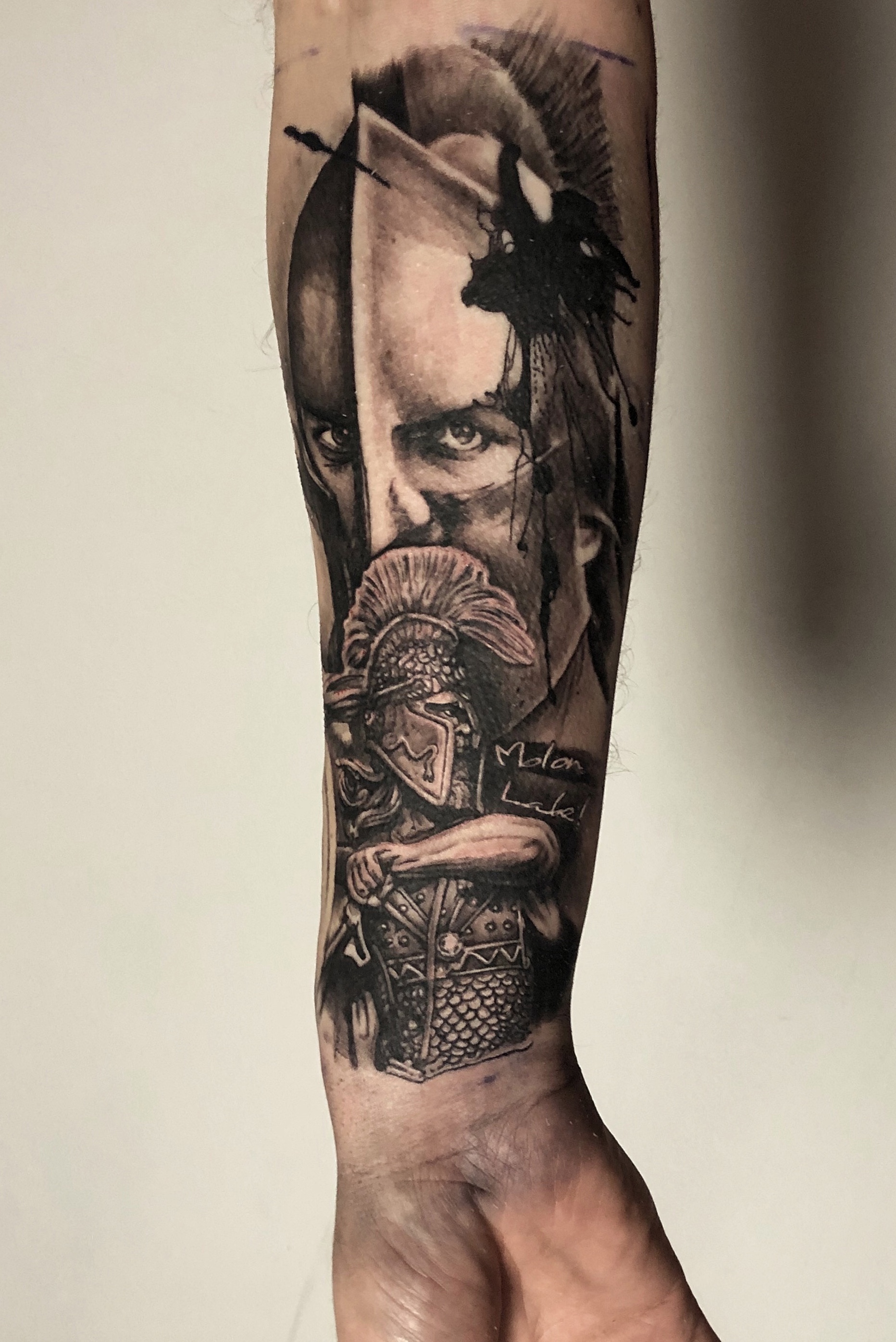 Black and grey Spartan tattoo, inspired by 300.