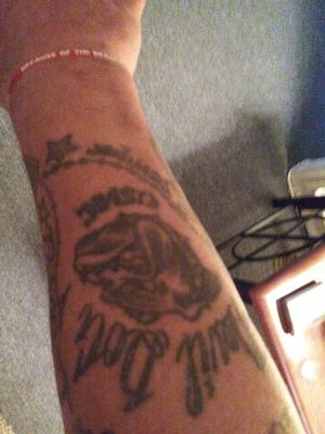 The dog and the usmc was done at a shop, ha ha i dont have much shop time on my skin. The chain is plucked. As well as the devil dog. Again yes, in the joint.
