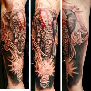 First session black and grey tones..Colour is next..stay tuned.. #elephanttattoo #elephants #omega #electric #tattoostyle 