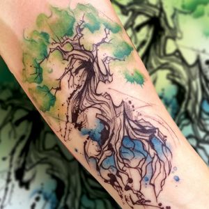 watercollor tattoo, exclusive creation bonsai life tree.