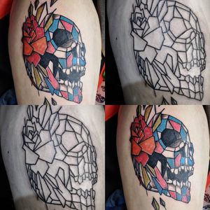 Geometric skull and rose, thigh